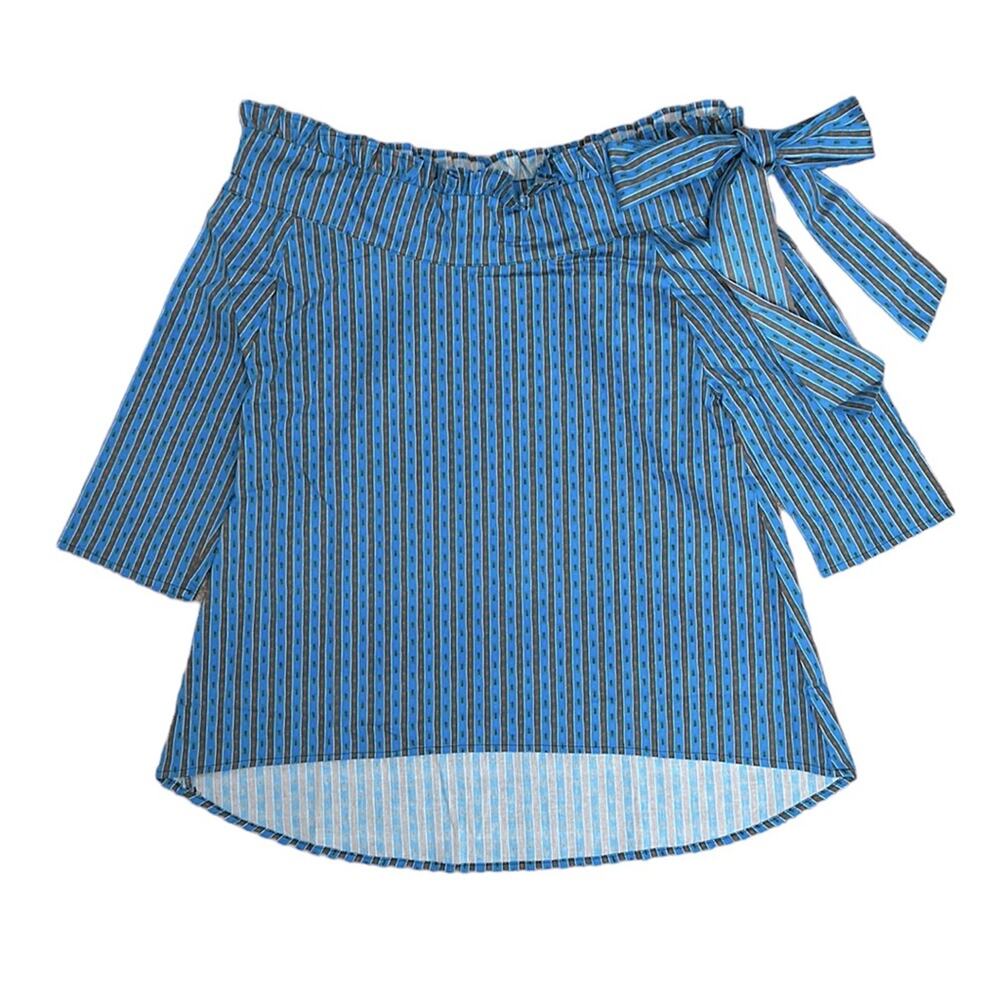 NWT Never A Wallflower Blue and Brown off the shoulder bow top size xs